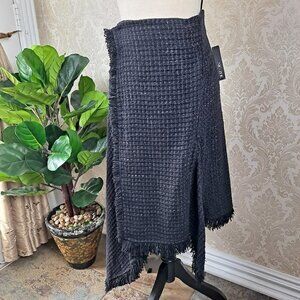 Nic & Zoe Size Small Black Tweed Skirt Aymmetric Hem Faux Wrap Elastic Back NWT